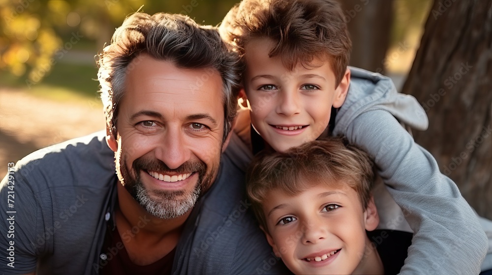 A close-up shot of a father and his sons looking at the camera.