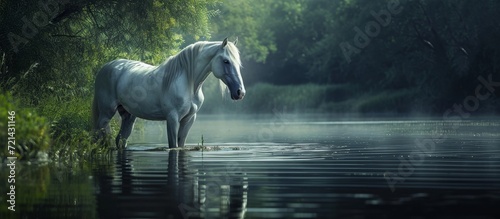 Majestic White Horse Closeup Portrait by the Lake  A Stunning Reflection of the White Horse s Beauty in a Closeup Portrait Amidst the Serene Lake