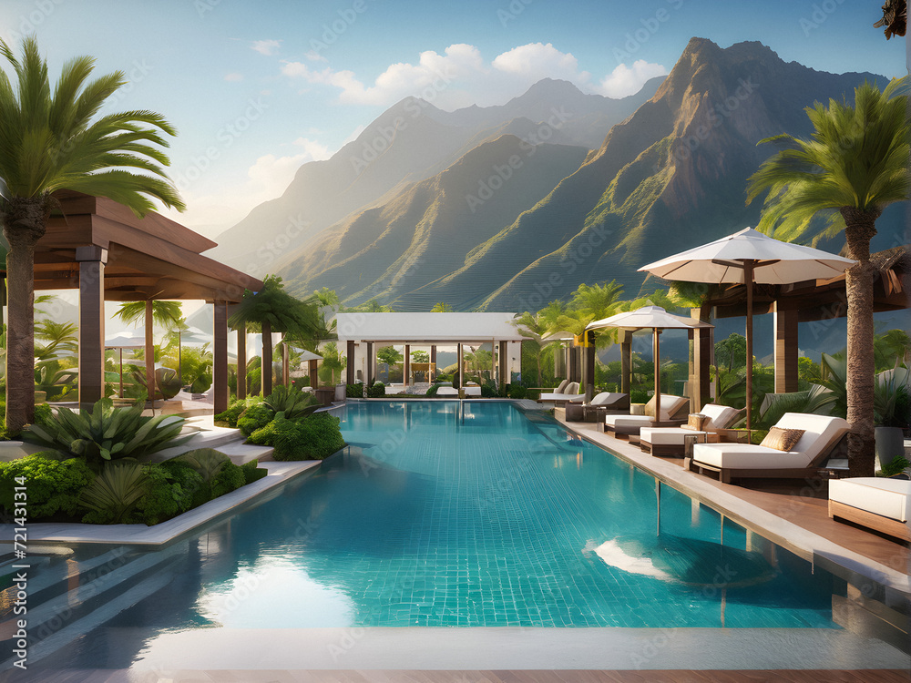 Mountain Oasis Retreat: Luxurious Pool Haven Amidst Majestic Landscapes. generative AI