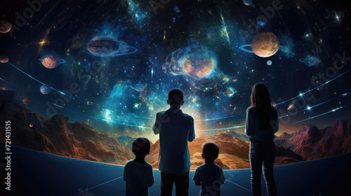 A family from different backgrounds visiting a planetarium, embarking on a cosmic journey