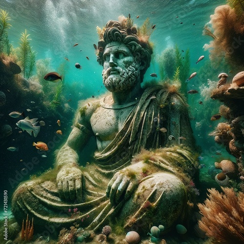 Archeological statue sitting underwater