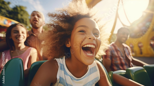 A family from various global regions having a joyful day at an amusement park,  riding thrilling attractions