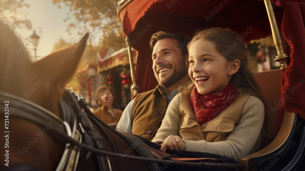 Parents and children enjoying a scenic horse-drawn carriage ride, experiencing a timeless charm 