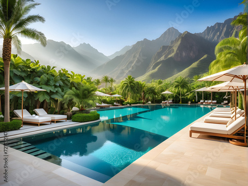 Mountain Oasis Retreat  Luxurious Pool Haven Amidst Majestic Landscapes. generative AI