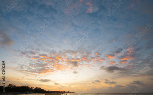 Evening sky,colorful sunset sky over sea on twilight in the evening .Real amazing panoramic sunrise or sunset sky with gentle colorful clouds.