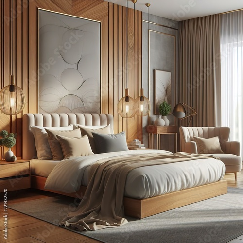 Comfortable modern bedroom with elegant wood headboard