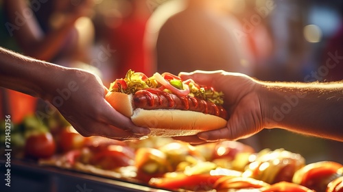 A man is making a purchase of two hot dogs at an outdoor kiosk selling street food with a close up view. photo