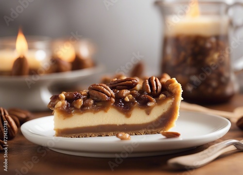 Slice of pecan pie cheesecake dessert, fall season baking, Thanksgiving 