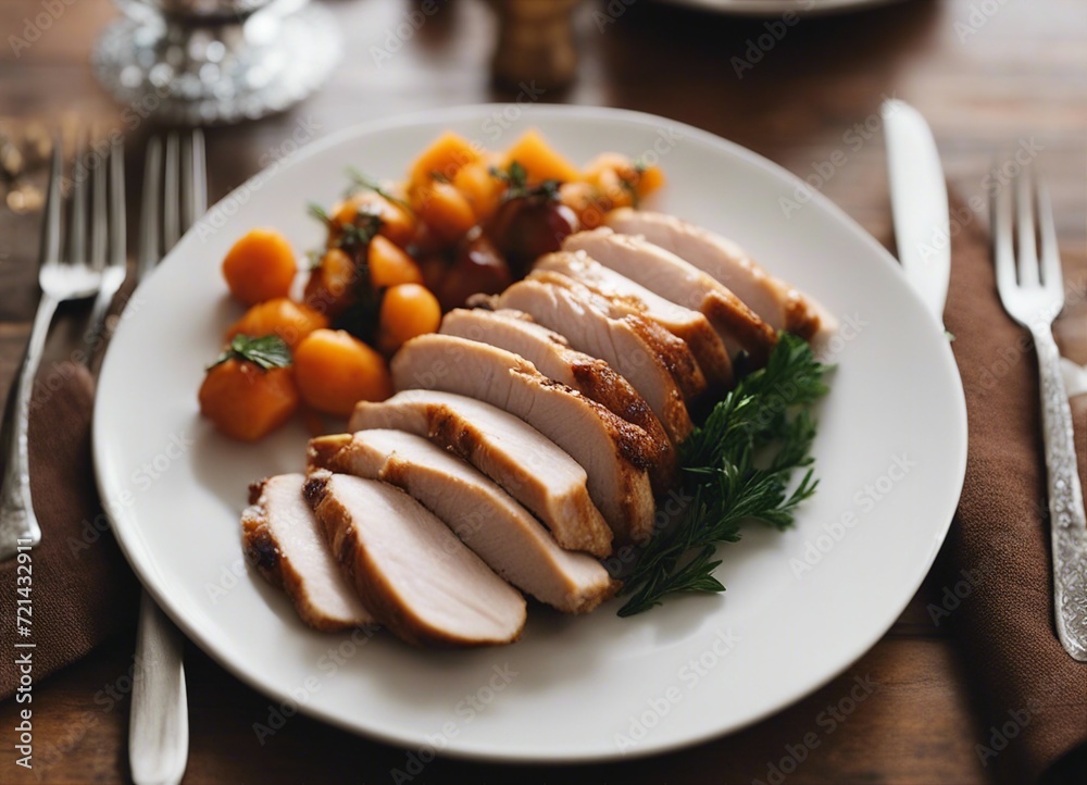 Sliced roast turkey breast on dinner table, fall food, Thanksgiving cooking
