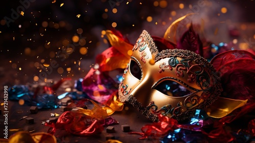 A masquerade mask with confetti surrounding it at a carnival