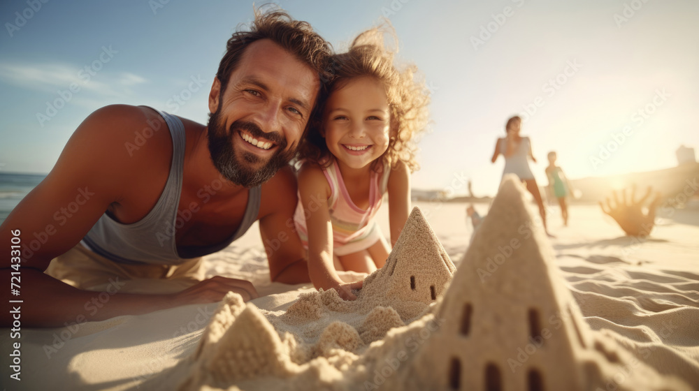 Fototapeta premium A family from various backgrounds having a joyful beach day, building sandcastles