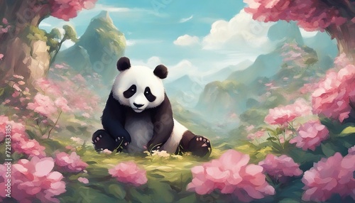art illustration of cute panda in flower blossom atmosphere 