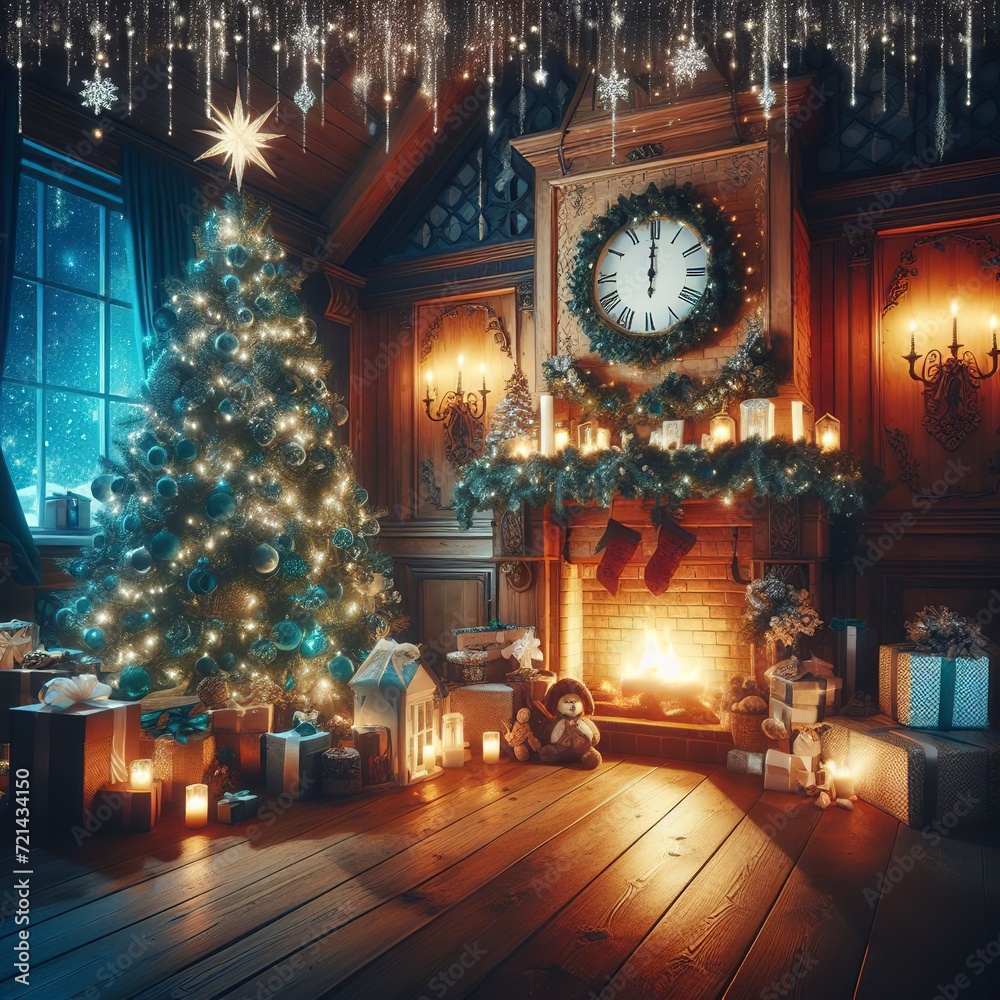 Interior christmas magic glowing tree fireplace gifts on wooden floor