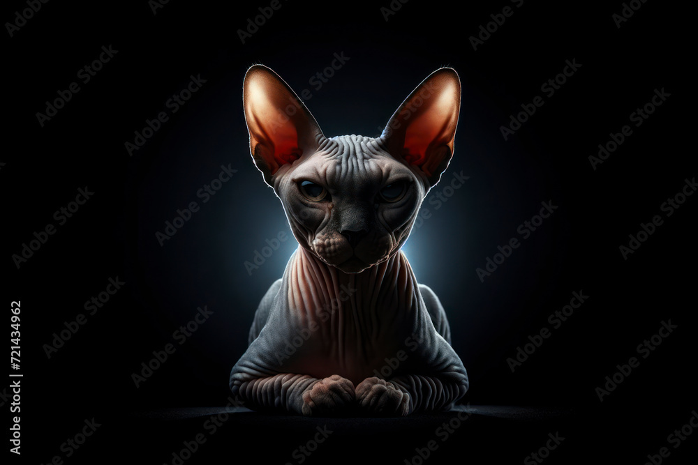 angry sphinx cat isolated on solid black background. ai generative
