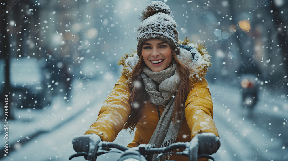 A joyful woman rides her bicycle through a frosty winter cityscape, feeling happiness, confidence, and carefree on a beautiful day. A joyful woman rides her bicycle through a frosty winter cityscape, feeling happiness, confidence, and carefree on a beautiful day.