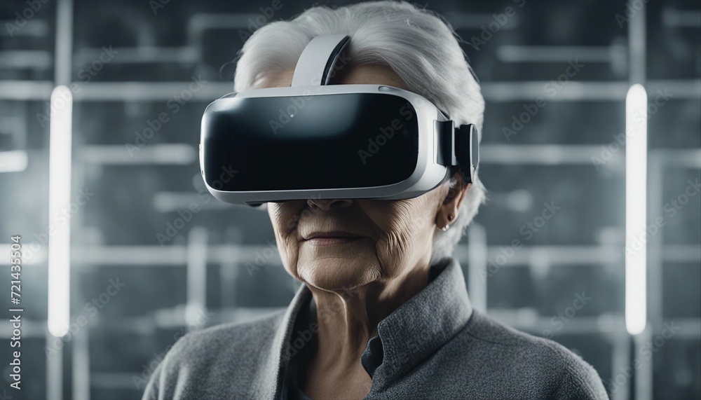 portrait of a grey haired old woman wearing virtual reality glasses in a technological room
portrait of a grey haired old woman wearing virtual reality glasses in a technological room