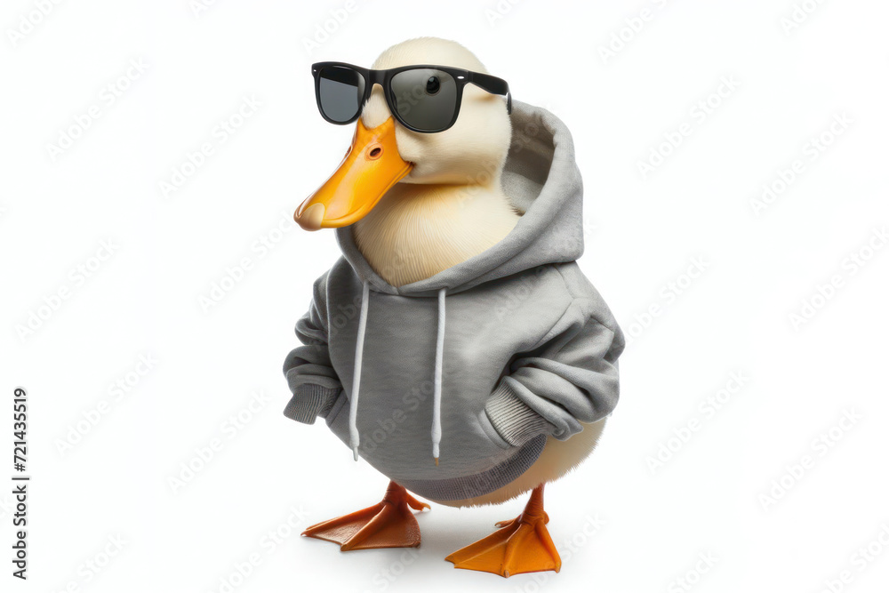 Obraz premium duck bird dressed in a sweatshirt and sunglasses, isolated on white background. ai generative