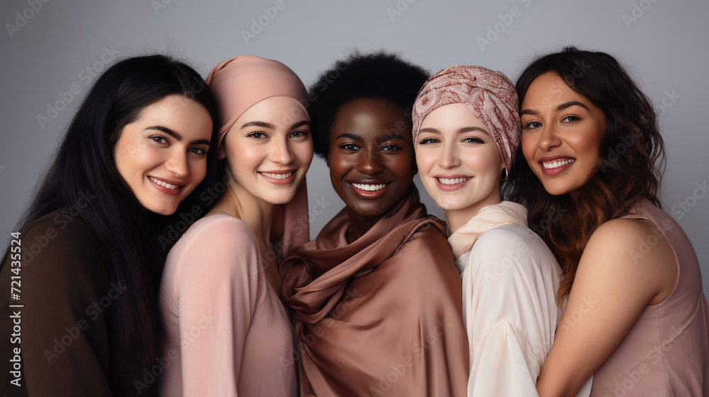 Five happy women of different races pose together in the studio on a gray background. Multiethnic group of diverse women Five happy women of different races pose together in the studio on a gray background. Multiethnic group of diverse women