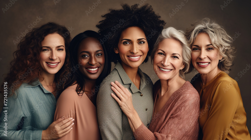 Five happy women of different races and ages pose together in the studio on a brown background. Multiethnic group of diverse women Five happy women of different races and ages pose together in the studio on a brown background. Multiethnic group of diverse women