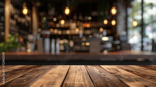 Wooden tabletop with blur lighting reflection in night cafe bar. Restaurant background
