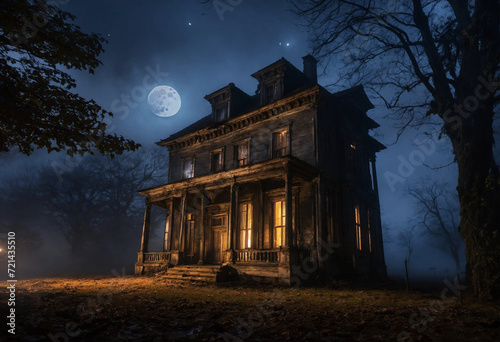 A spooky house abandoned in the middle of nowhere in the woods. Halloween concept