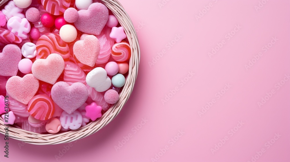 A top perspective of various sweets, like confitures, marmalades, and candies, placed in pink sugary baskets.