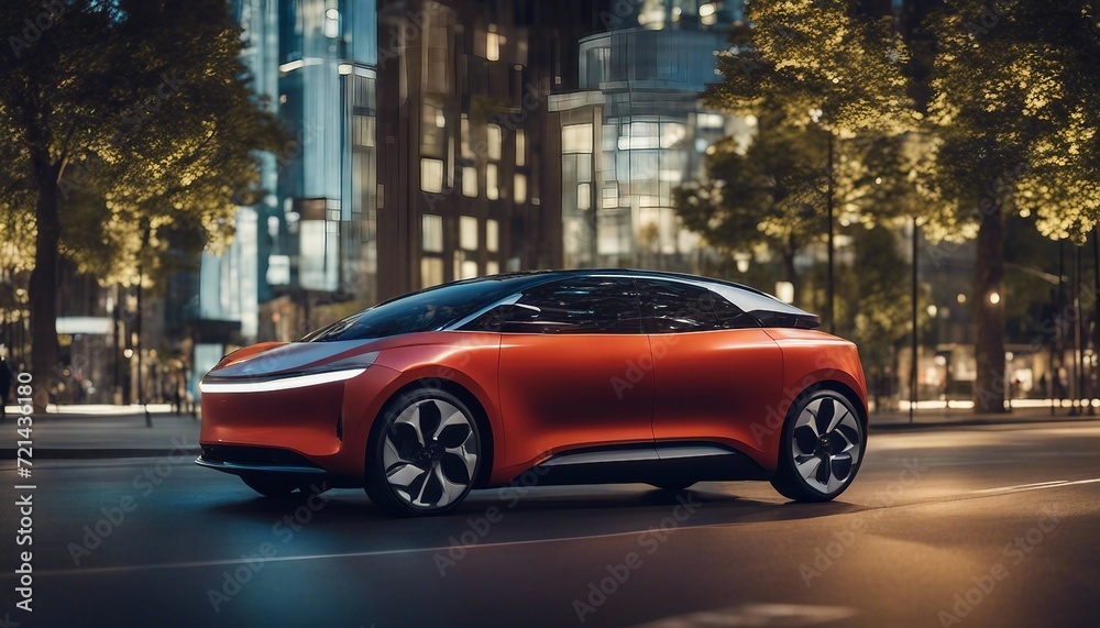 Autonomous Electric Car, a cutting-edge autonomous electric car parked in a smart, eco-friendly city