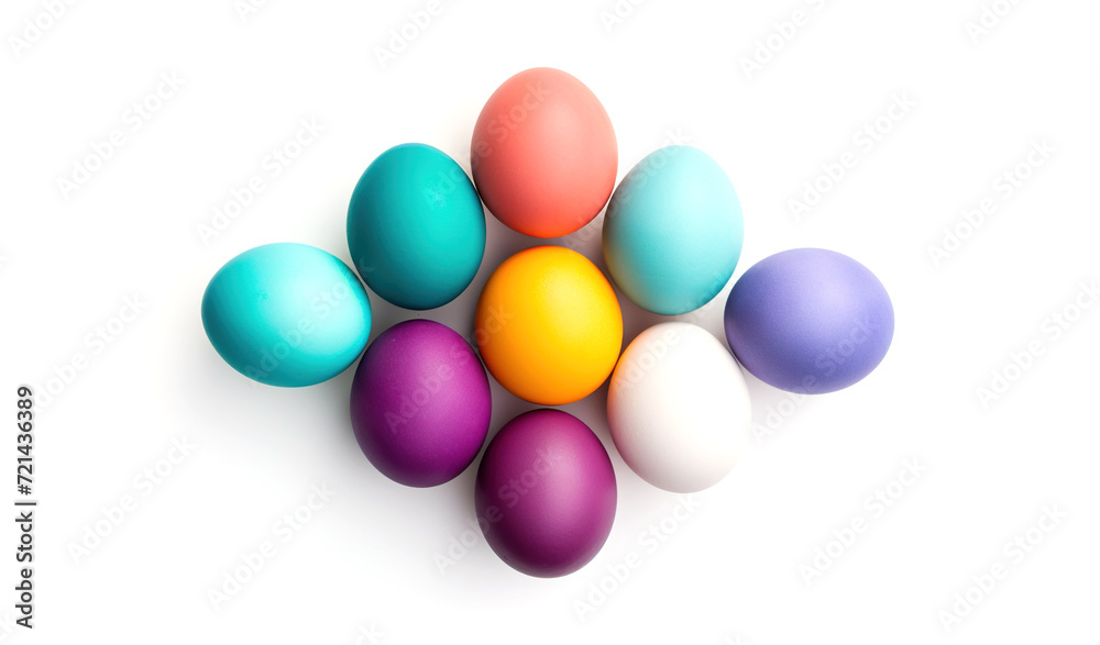 Painted Easter eggs. Colorful Easter eggs isolated on white background. Top view. Forms, images and symbols of Easter. For postcards, covers, doughs, games.