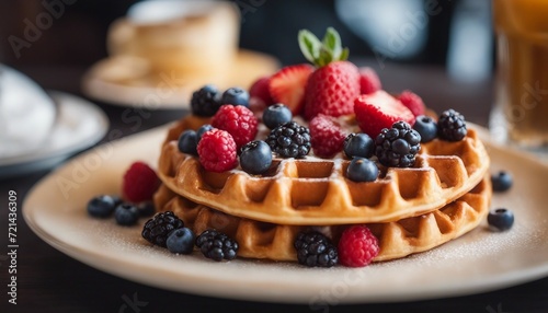 Belgian Waffle Indulgence, a golden Belgian waffle topped with berries and cream, the bright
