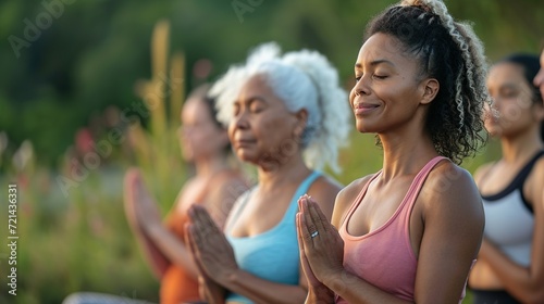 Close-up portrait of a woman in a sports outfit relaxing, meditating on a fitness mat in a public park outdoors. Healthy active lifestyle