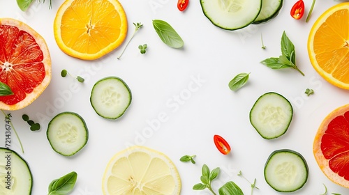 Sliced vegetables and fruits on a white background. Generated AI