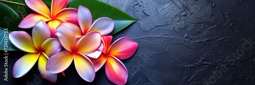 Colorful plumerias on wood background with copy space. Fresh colorful flowers photo