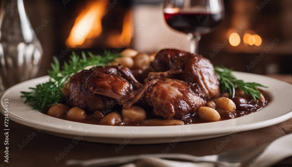 Coq au Vin Classic, a traditional French coq au vin, presented in a cozy, vintage bistro setting Coq au Vin Classic, a traditional French coq au vin, presented in a cozy, vintage bistro setting