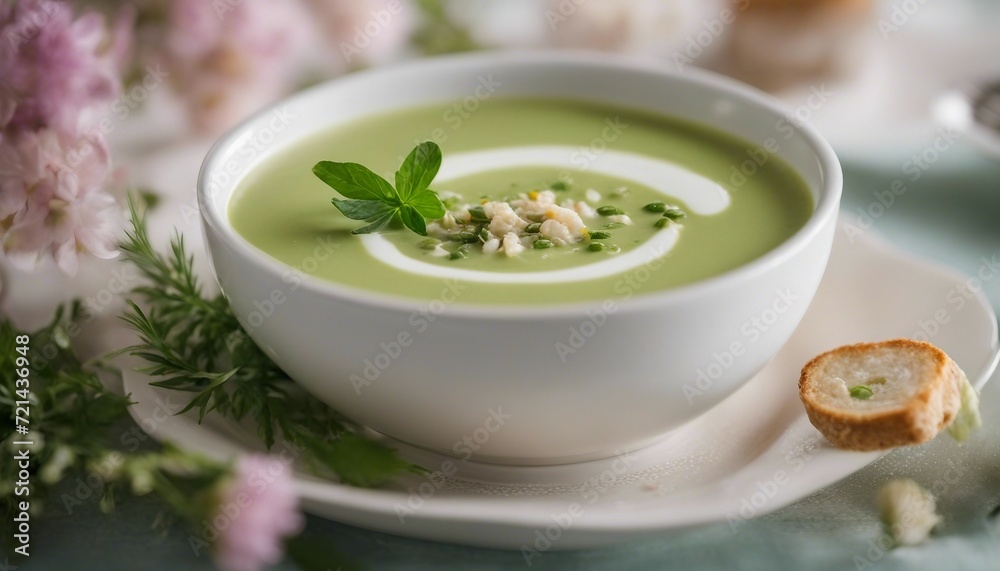 Creamy Asparagus Soup, a delicate asparagus soup with a touch of cream, showcased in a soft Creamy Asparagus Soup, a delicate asparagus soup with a touch of cream, showcased in a soft