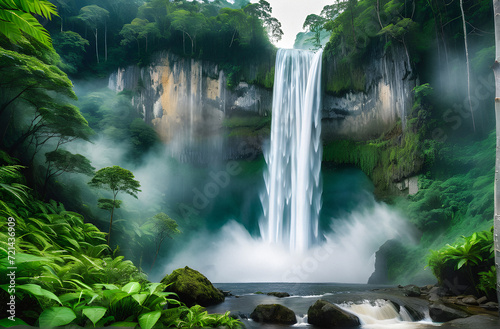 Majestic Cascade  Powerful Waterfall Amidst Enchanting Forest Veil. generative AI