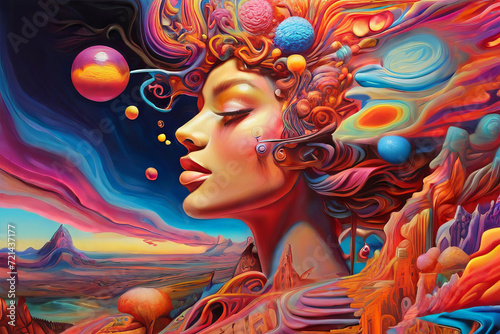 Vibrant surrealism. A colorful dream capturing the psychedelic effects of LSD and DMT. Abstract and mind-altering visual experience in a unique and artistic composition.