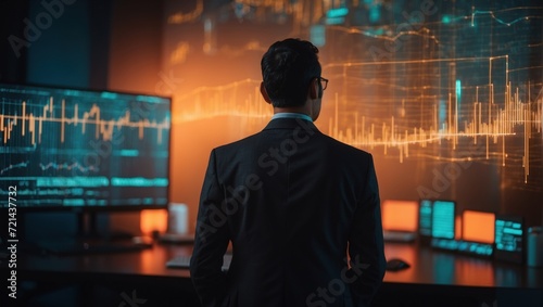 portrait of man in business suit totally surrounded by financial charts