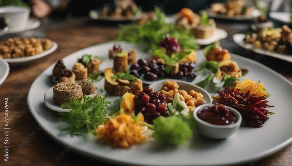 Gourmet Vegan Tasting Plate, an array of gourmet vegan delicacies, plated artistically to showcase Gourmet Vegan Tasting Plate, an array of gourmet vegan delicacies, plated artistically to showcase