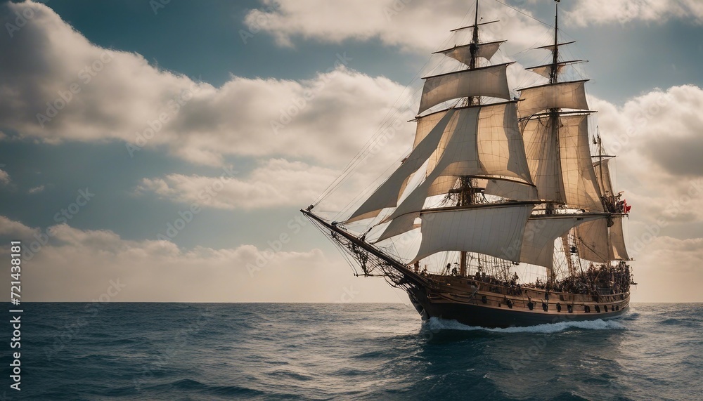 Fototapeta premium Historical Tall Ship, a majestic tall ship with its sails fully opened, set against a backdrop