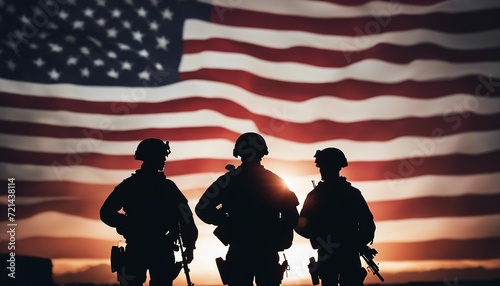 silhouette of American soldiers in front of the American flag 
