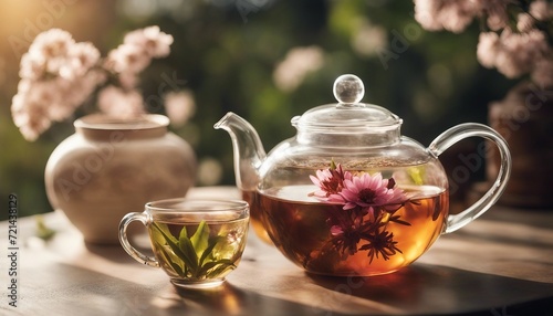 Herbal Tea Harmony, a transparent teapot with flowering herbal tea, the light capturing the dance 