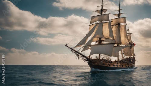 Historical Tall Ship, a majestic tall ship with its sails fully opened, set against a backdrop