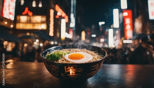 Japanese Ramen Bowl  a steaming bowl of authentic Japanese ramen  set against a backdrop of urban