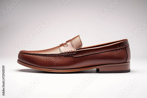 Elegant men's moccasins made of brown textured leather in profile on a white background. Prestige and comfort in men's shoes