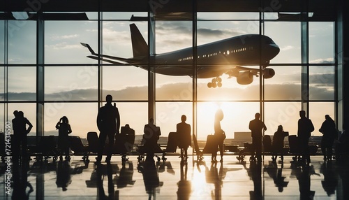 Silhouette of passengers waiting in front of the window at the airport and the airliner.
 photo