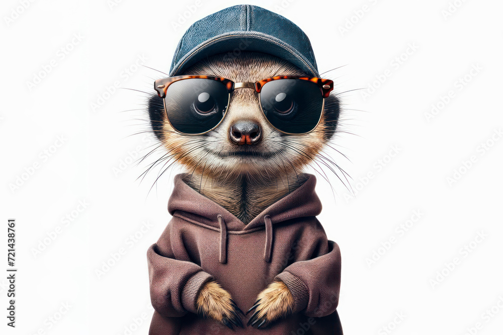 meerkat dressed in a sweatshirt and sunglasses isolated on white background. ai generative