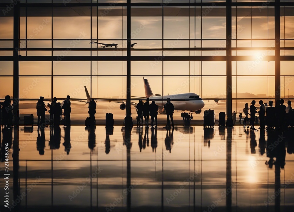 Silhouette of passengers waiting in front of the window at the airport and the airliner.
Silhouette of passengers waiting in front of the window at the airport and the airliner.