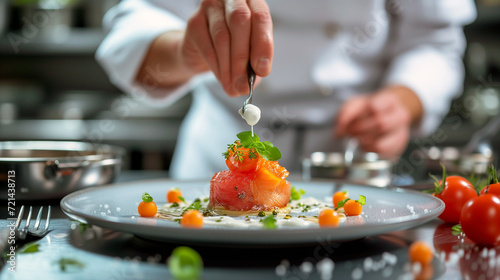 chef delicately places a garnish on top of a smoked salmon appetizer, with precise presentation in a professional kitchen