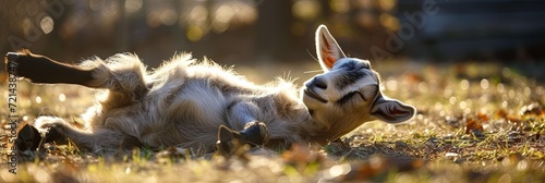 Wild goat laying in a grassy field in the morning sun photo