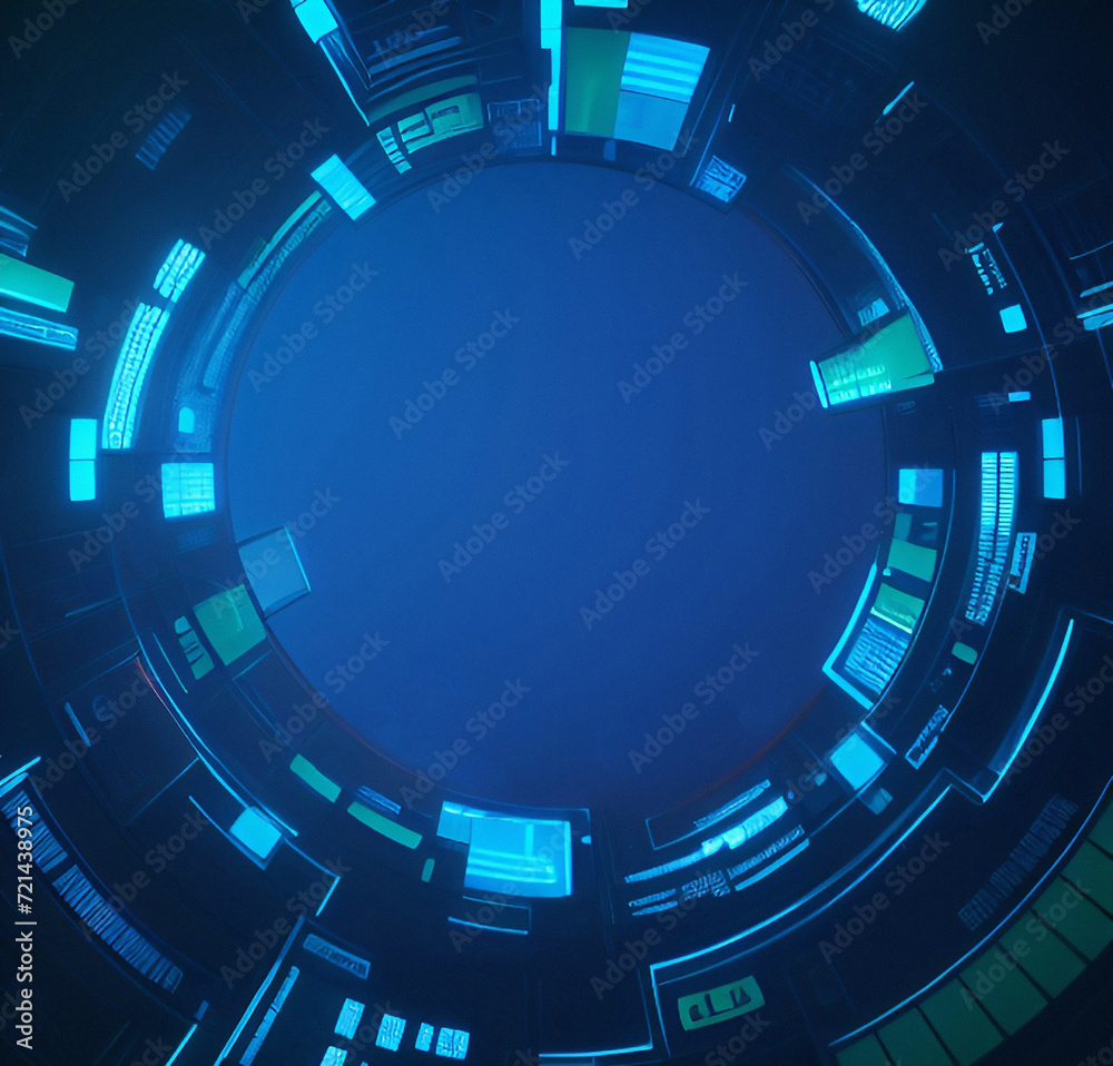 Futuristic background with lights. Technology circle backdrop with copy space. Abstract flyer, card design. Minimalist template. Blue banner for presentation or product. Futurism theme